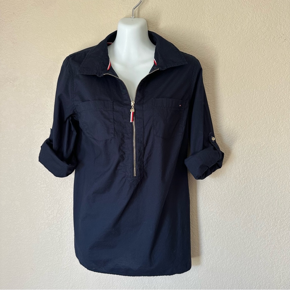 Tommy Hilfiger Women's 1/2 Zip Collared Long Roll Up Sleeve‎ Shirt Navy Blue